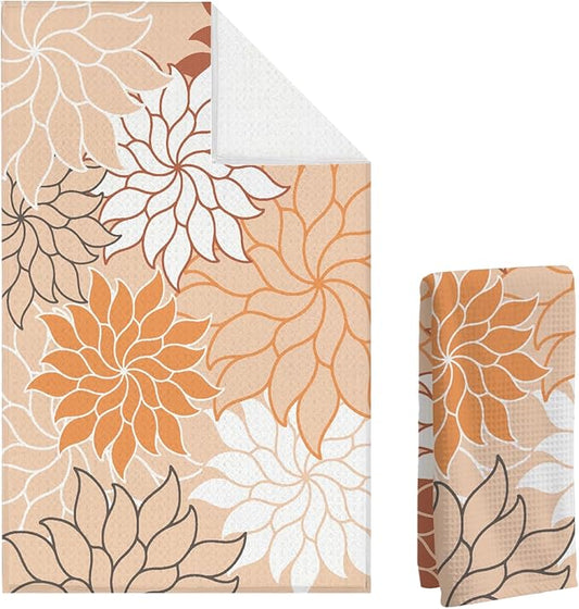 Boho Floral Abstract Waffle Towels, Flower Hand Towel for Bathroom Decor, 16x24 Inch Neutral Orange Color Flower Dish Tea Towel Decor for Kitchen/Bath/SPA,Gift for Friends.