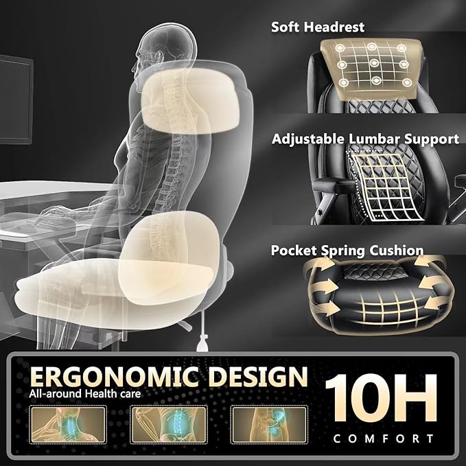 650LBS Big and Tall Office Chair with 5D Flip Arms and Thick Pocket Spring Cushion, Extra Wide Heavy Duty Office Chair with Adjustable Lumbar Support, Large High Back Computer Chair Dual Rubber Wheel