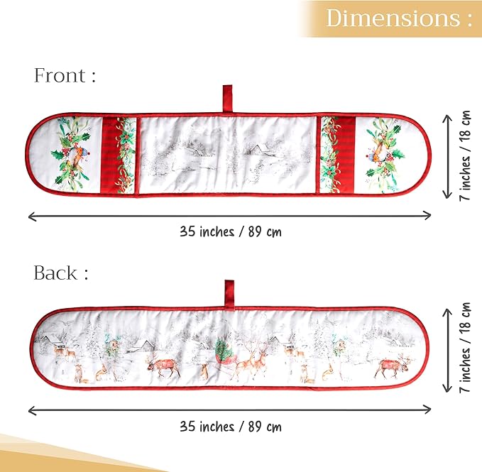 Maison d' Hermine Double Oven Mitt (7" x 35") 100% Cotton Heat Resistant BBQ Cooking Gloves with Loop for Thanksgiving Christmas Decorations Baking Cooking Handling Hot Pan (Christmas Tradition)