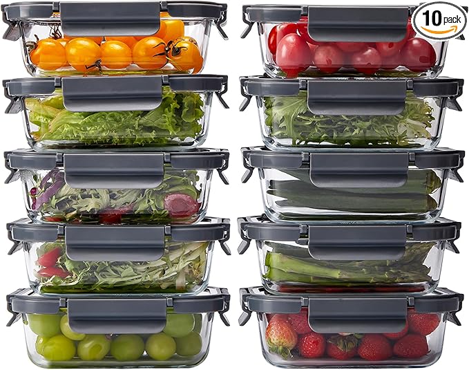 Glass Food Storage Containers with Lids, 10 Pack of 21oz, Glass Meal Prep Container with Airtight Lids, Microwave Safe Food Container Set, BPA Free, LeakProof, Ideal for Lunch