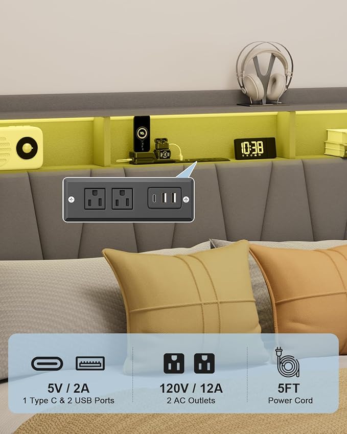 Queen Bed Frame, Velvet Upholstered LED Platform Bed with Headboard Storage, Queen Bed Built-in Charging Station with 2 Drawers, Wood Slat Support, No Box Spring Needed, Grey