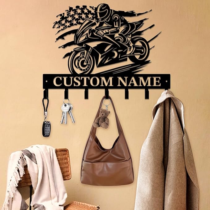 Personalized Custom Name Motorcycle Keys Hooks,Metal Motorcycle Art Clothes Keys Hooks,Metal Motorcycle Lover Wall Home Storage Decorative Keys Hooks,Key Holder Hooks for Wall (Style D)