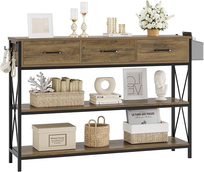 HITHOS 47.2" Console Table with 3 Drawers, Industrial Long Entryway Foyer Table with 3-Tier Storage Shelves, Narrow Sofa Hallway Table for Living Room, Entry Way, Kitchen, Rustic Brown