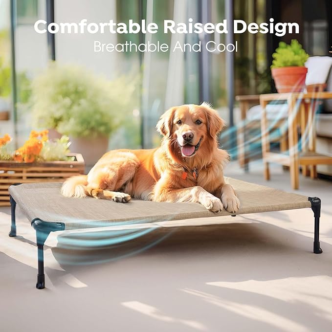 Veehoo Outdoor Elevated Dog Cot Bed, Cooling Raised Pet Bed for Small Dogs, Washable Breathable Mesh Hammock Bed with No-Slip Feet, Indestructible Ground Off Training Platform Cot-22"x17" Beige Coffee