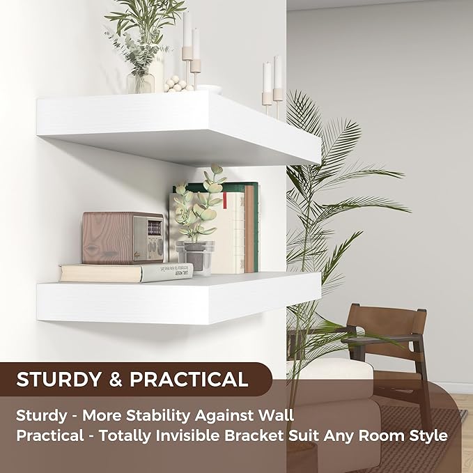 Floating Shelves for Wall, 30" W x 12" D x 2" H, 2 Pack of Long Wall Mounted Engineered Wood Shelves with Invisible Brackets for Living Room, Bedroom, Bathroom, Kitchen Decor, White