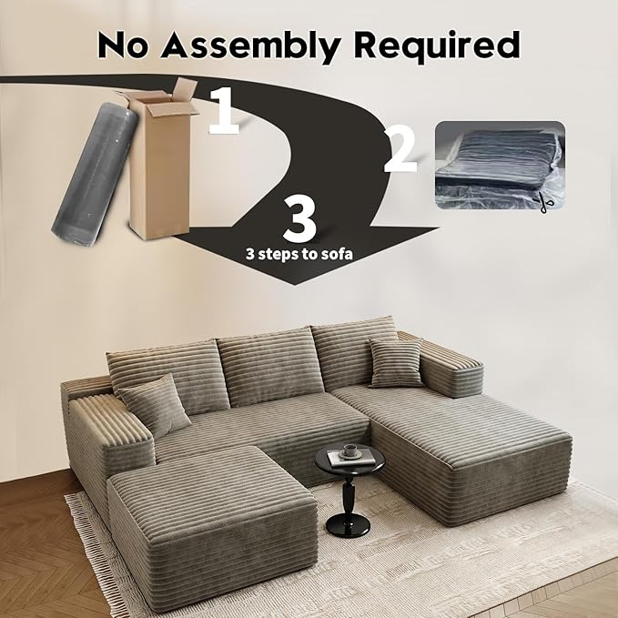 107.5"Cloud Modular Sectional Couch with 1 Ottoman,Modern Minimalist Upholstered Couches, Comfort U Shaped Sofa for Living Room,Deep Seat Corner Couch，No Assembly Required (Camel,Right Facing Chaise)