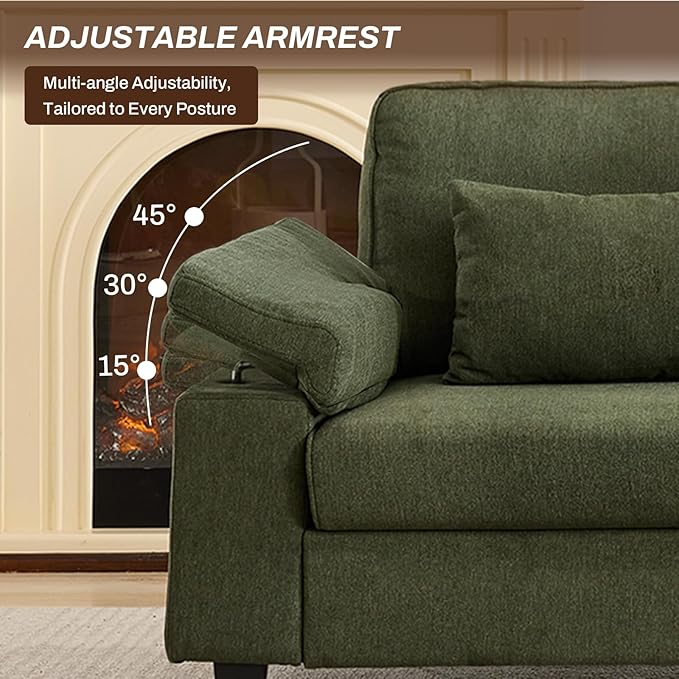 3 Seater Couch for Living Room, 79'' Comfy Deep Seat Sofa with Adjustable Armrests & USB/Type-C Charging Ports, Mid Century Modern Couch for Bedroom, Home Office, Green