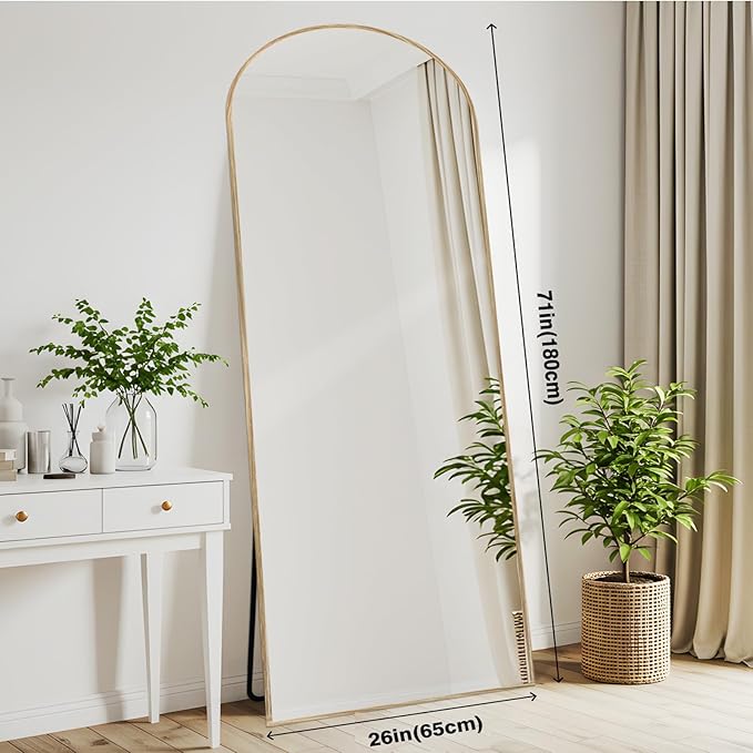 Arched 26x71 Inch Full Length Mirrors Aluminium Frame in Classic Natural Wood Looking Free Standing Floor Mirror Full Body Wall Mounted for Bedroom Living Room and Hallway