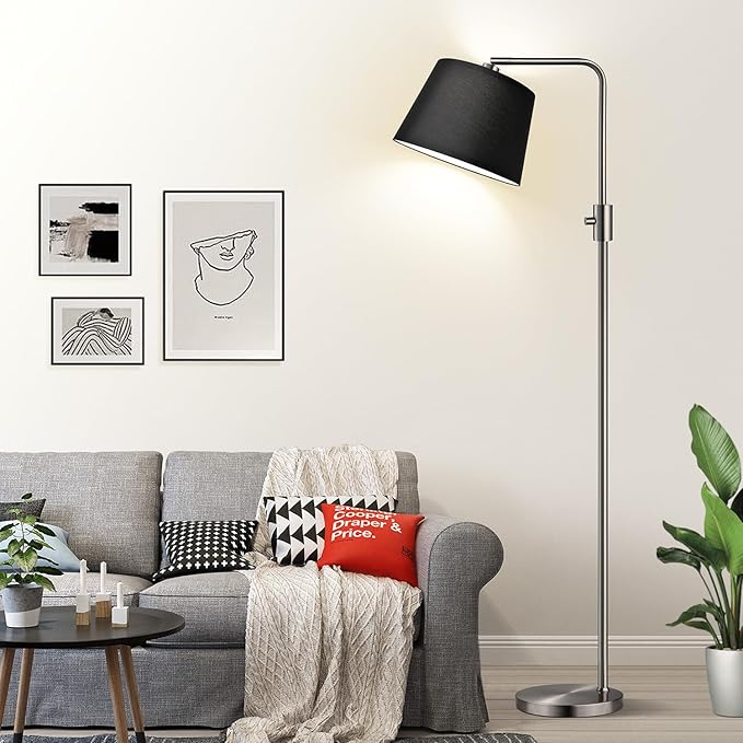 Nintiue 【Upgraded】 Dimmable Floor Lamp, 1000 Lumens LED Edison Bulb Included, Brushed Nickel Arc Floor Lamps Modern Standing Lamp with Black Shade, Tall Lamps for Living Room Bedroom