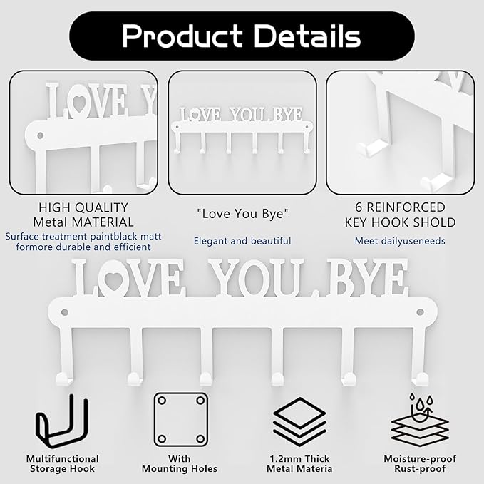 Key Holder for Wall - 'Love You Bye' Key Hooks,Key Holder Wall Mount Self Adhesive, Key Rack Wall Mount for Wall No Drill for Living Room, Kitchen, Bathroom, Garage (White, 6 Hooks)