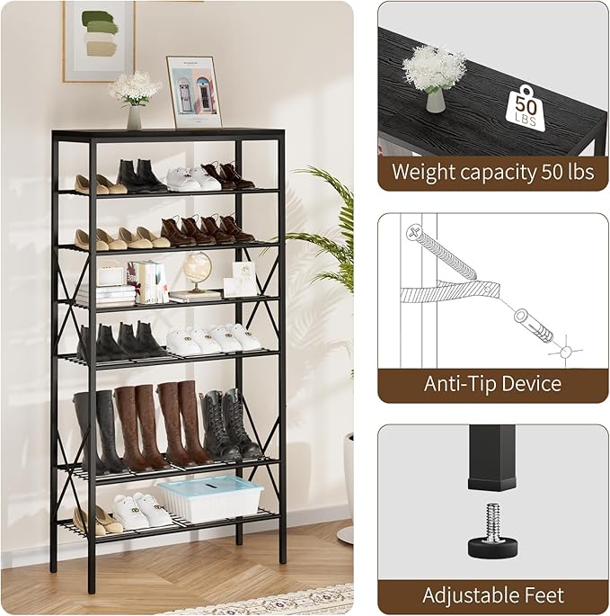 8 Tiers Shoe Rack, Large Capacity Shoe Rack Holds 32 Pairs of Shoes, Durable and Stable, Adjustable Metal Shelf Stackable Shoe Shelf for Entryway, Hallway, Living Room, Closet