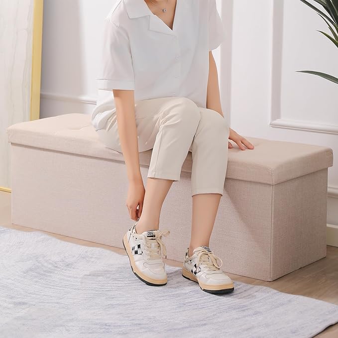 CUYOCA 45.3 Inches Storage Ottoman Bench Foldable Seat Footrest Shoe Bench End of Bed Storage with Flipping Lid, 166L Storage Space, Linen Fabric Brown