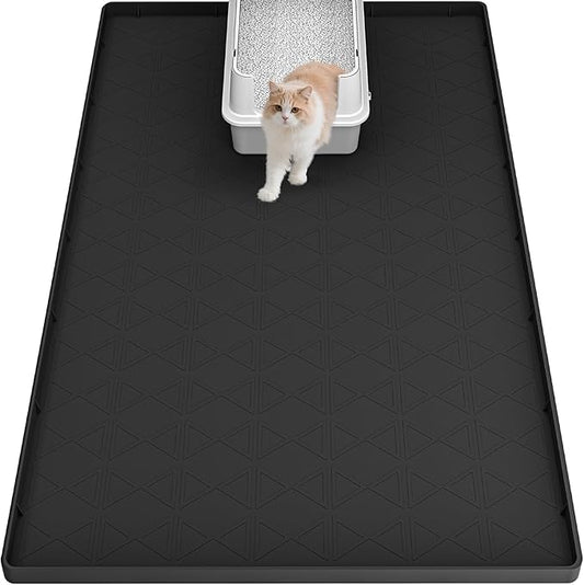 Extra Large Silicone Cat Litter Mats, 34" x 22" Waterproof Litter Box Mat, Non-Slip Kitty Litter Mat for Scatter Control, Easy to Clean & Urine-Proof Cat Litter Trapping Mat, Black