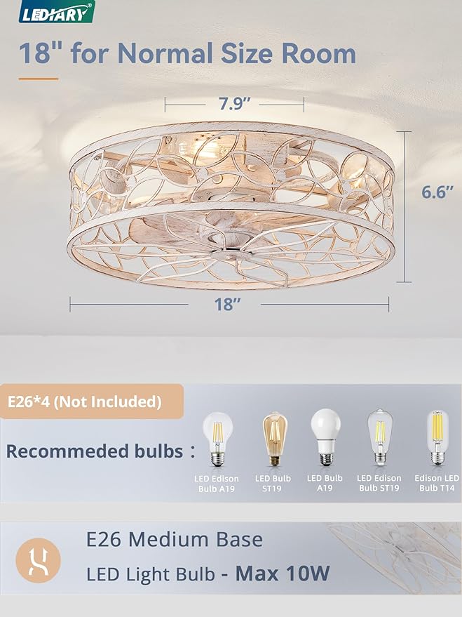 LEDIARY Caged Ceiling Fans with Lights, White Flush Mount Ceiling Fan with Remote, Small Low Profile Bladeless Ceiling Fan Light Fixture for Bedroom, Kitchen, Dining Room-White Gold Color