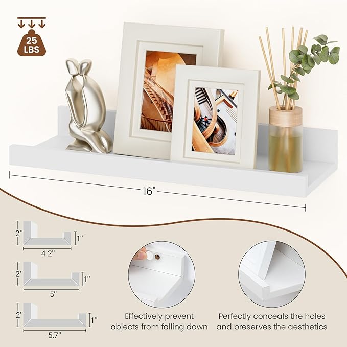 Heimlove Floating Shelves Set of 6, 16" Wall Mounted Picture Ledge, Display Shelf Organizer for Decor Storage, Wall Mounted Shelves for Living Room, Bedroom, Bathroom, Kitchen (White)