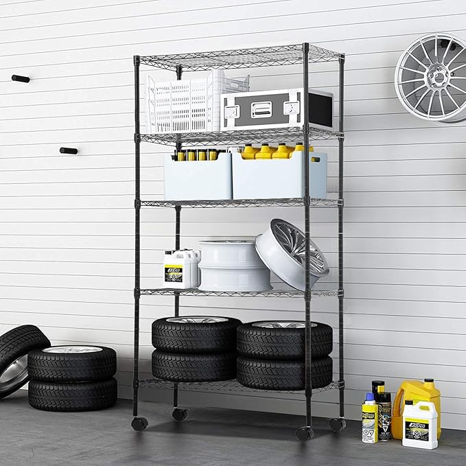 30" L×14" W×60" H Wire Shelving Unit Metal Shelf with 5 Tier Casters Adjustable Layer Rack Strong Steel for Restaurant Garage Pantry Kitchen Garage，Black