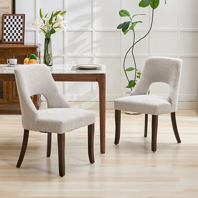 UVV Wooden Dining Chairs Set of 6, Mid Century Modern Upholstered Dining Room Chair Kitchen Chairs, Chenille Dinner Chair with Solid Wood Legs for Kitchen Dining Room, Light Grey-Chenille