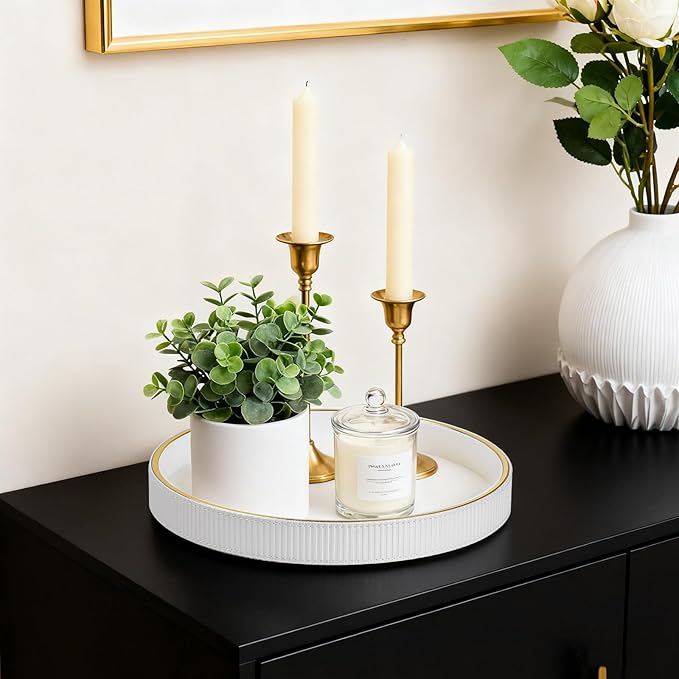 Round Decorative Tray for Coffee Table Decor, PU Leather Coffee Table Tray Golden Trim for Home Decor Living Room Dining Table, Perfume Trays Nightstand Organizer (White)