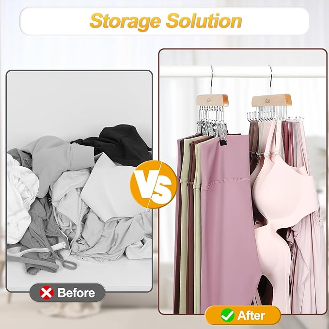TOPIA HANGER 2 Pack Bra Hanger with Leggings Organizer, 2-in-1 Space Saving Hangers Neatly Store Max 20 Bras and 10 Leggings, Pants Jeans Shorts Skirt Tank Top Hanger for Closet Women Natural CT76N
