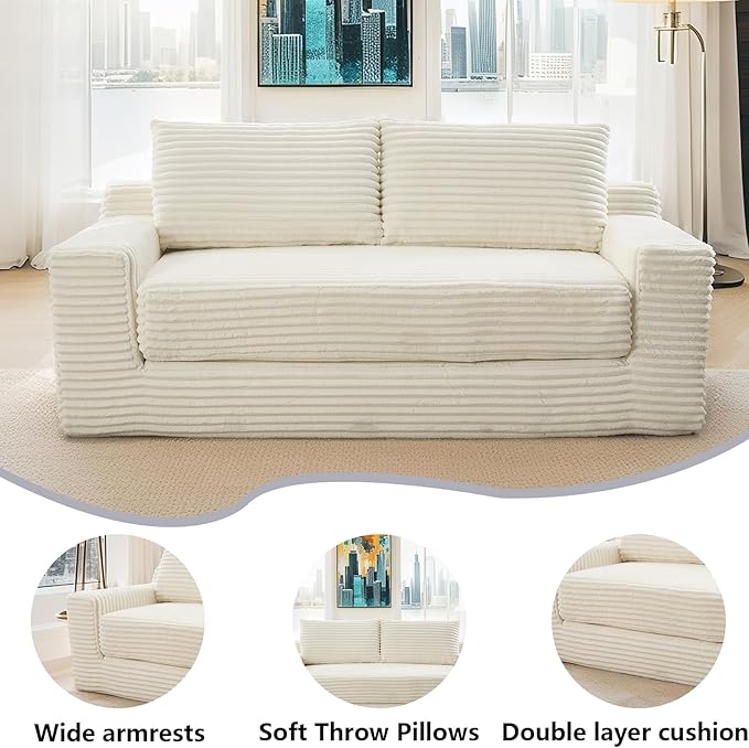 Fefances Loveseat Sofa Bed Boneless Couch, Convertible 2-in-1 Design, Corduroy Fabric - Compact Memory Foam Couch for Small Spaces, Apartments, Home Office & Bedroom (Beige)