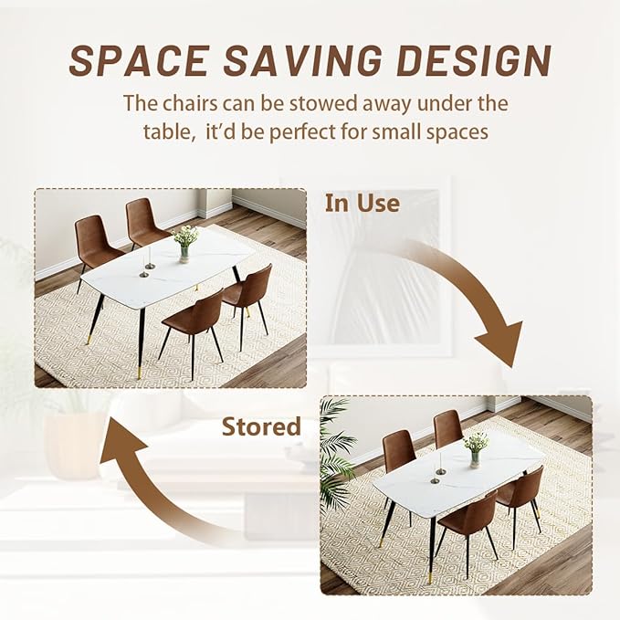 White Dining Table Set for 4, 62'' Dining Table Set for 4, Sintered Stone Dining Room Sets for 4, Easy to Assemble