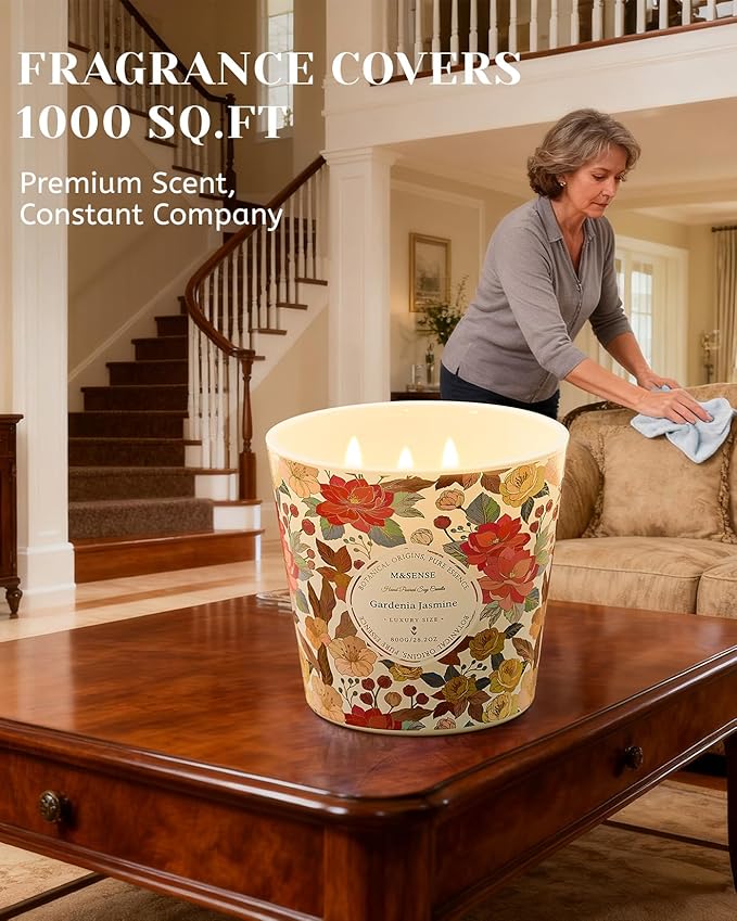 M&SENSE Gardenia Jasmine Scented Candle, 28.2oz 3 Wick Natural Soy Wax Large Candles, Long Lasting Clean Slow Clean Burning No Toxic Décor for Home Relaxation, Romantic Dates & Gift-Giving