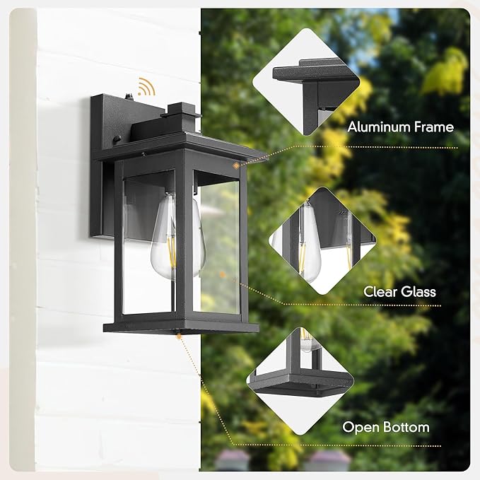 Emliviar Dusk to Dawn Outdoor Porch Light Outdoor Lighting Photocell Sensor, Matte Black Outside Wall Light with Clear Glass, Anti-Rust,1803EW1-PC BK