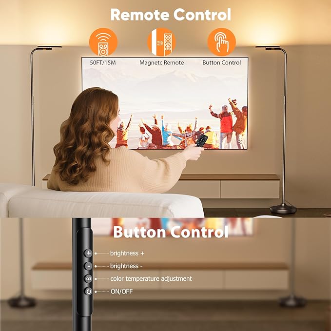 36W LED Floor Lamp, Super Bright Standing Lamp, Modern Stepless Dimmable Torchiere Tall Lamp with Remote Control, 350°Rotating Head Reading Floor Lamp for Living Room, Bedroom, Office