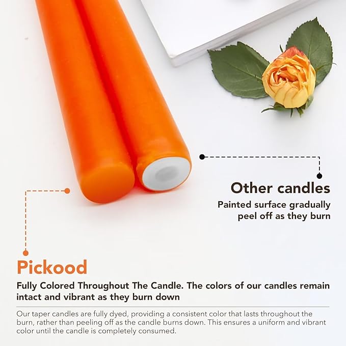 New Burning Formula Unscented Dripless 10-Inch Taper Candles Set of 12 - Orange, for Wedding, Dinner - Smokeless, Long Burning - Hand Poured, Colored Tall Candlesticks - Naranja