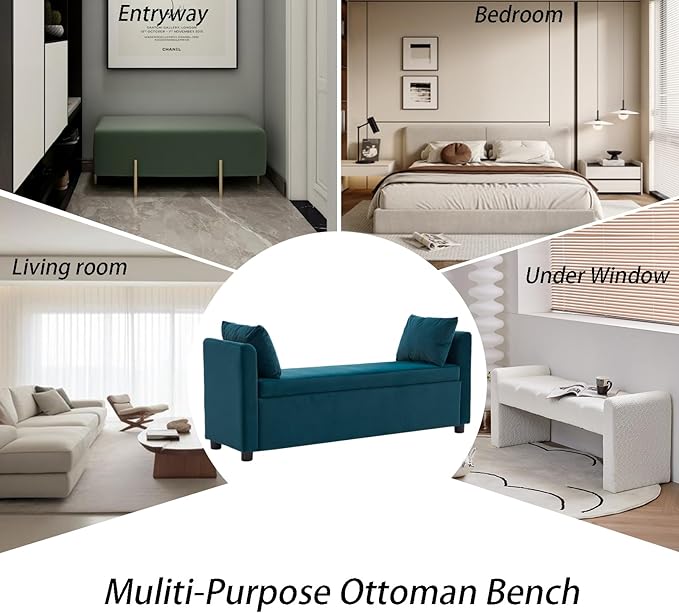 Velvet Storage Bench for Bedroom, 55" End of Bed Bench for King Size Bed, Modern Upholstered Long Ottoman Bench with Arms and 2 Pillows for Living Room/Entryway (Teal/Blue-Green)