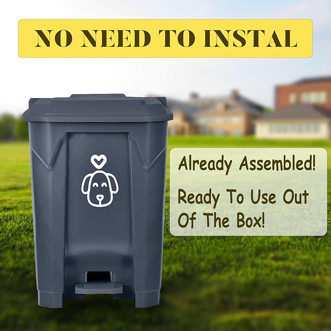 Outdoors Dog Poop Trash Can with Lid & 290PCS Waste Bags, Cute Dog Waste Trash Can for Dog Poop, Yard, Home, Garden, Kitchen, 15 Litre Grey Step with Removable Inner Bin, AG
