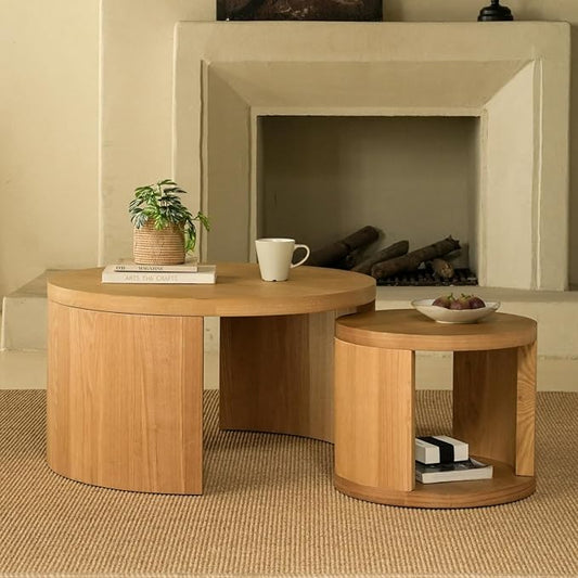 Round Nesting Coffee Table Set of 2, 31.5" Large and 18" Small Low Tables, Modern Wood Grain Tables for Living Room, Brown