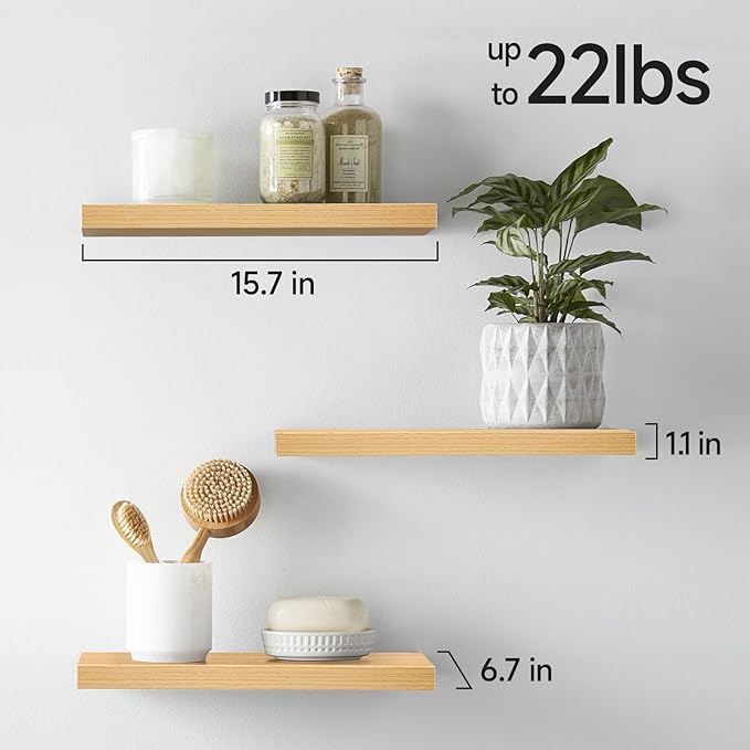 BAYKA Floating Shelves for Wall, 22.5 inches Wall Mounted Rustic Wood Shelves for Bathroom, Bedroom, Living Room, Floating Shelves for Books/Storage/Decor (Light Oak-Toned,Set of 3)