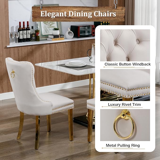 Goujxcy 51" Glass Dining Table Set for 6, Modern Kitchen Table and Chairs Set w/Steel Legs, 7-Piece Dining Table Set w/Glass Gold Dining Table and 6 Beige Velvet Chairs for Kitchen Dining Room