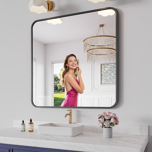 Koonmi Bathroom Mirror, 36X36 Brushed Black Metal Framed Wall-Mounted Mirror for Over Sink, HD Tempered Glass, Anti-Rust, Rounded Rectangle Mirror for Restroom, Bedroom, Hangs Horizontal or Vertical