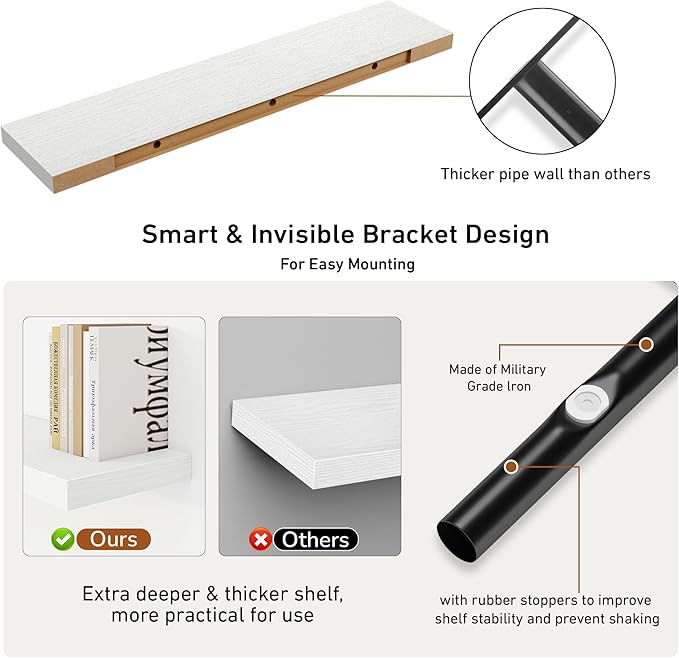 Fun Memories 48Inch Floating Shelves, 9.3Inch Deep Rustic Wall Shelves - Extra Deeper & Thicker Wall Mounted Storage Shelf for Kitchen, Farmhouse - Set of 2 - Rustic White