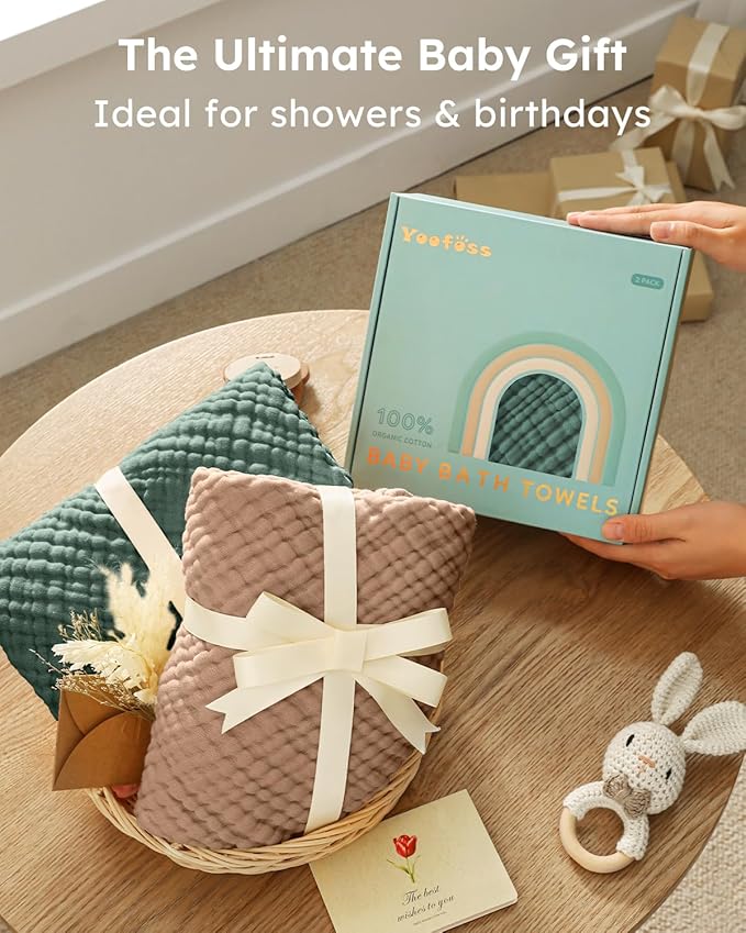 Yoofoss Hooded Baby Towels for Newborn 2 Pack 100% Muslin Organic Cotton Baby Bath Towel with Hood for Babies, Infant, Toddler and Kids, Large 32x32Inch, Soft and Absorbent Newborn Essential