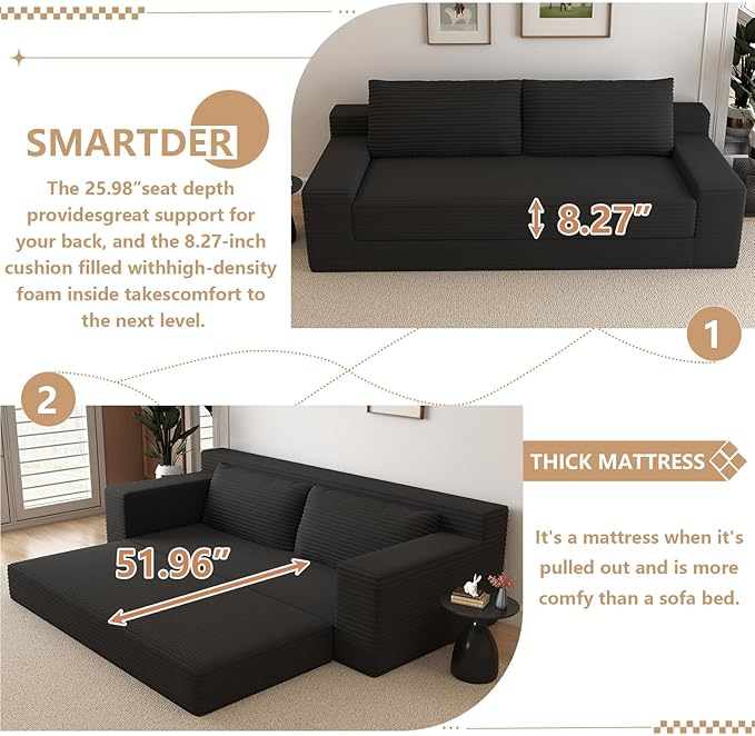 Cloud Loveseat Sofa, Modern Corduroy 2-Seater Couch with Deep Seat, No Assembly Required Memory Foam Sofa, Boneless Sofa in a Box for Bedroom, Apartment, Office,Small Space (Black,70.87in)