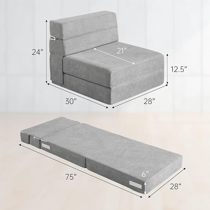 ANONER Folding Sofa Bed Couch Memory Foam Fold Out Chair Bed with Pillow, Single Size Convertible Sofa Bed Futon Sleeper Chair, Light Gray
