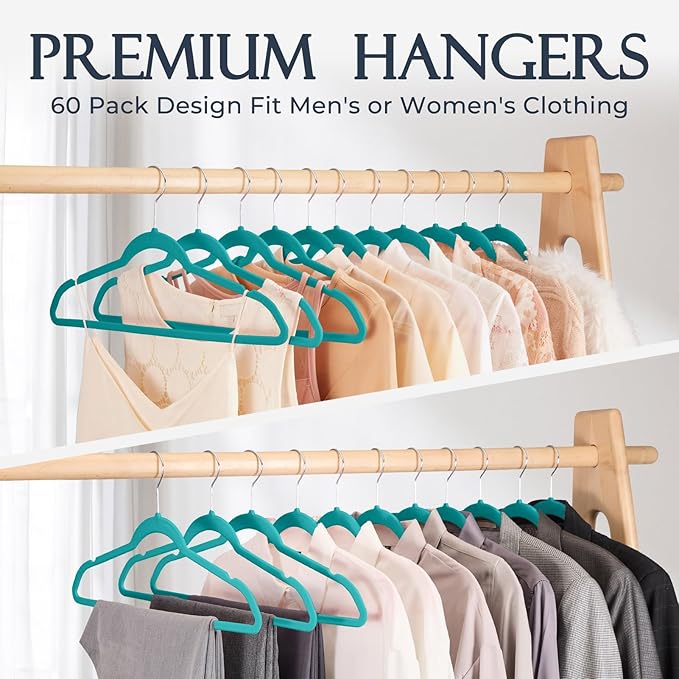 HOUSE DAY Mint Green Velvet Hangers 60 Pack, Non Slip Clothes Felt Hanger Heavy Duty for Coat, Premium Slim Space Saving Suit Hangers for Closet Organizer, 360° Rotating Silver Hook