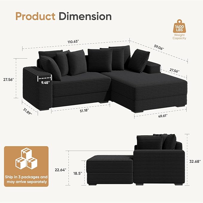 111‘’ Sectional Cloud Couches with L Shaped Chaise, Extra Large Sleeper Couch Reversible Corduroy with 8pcs Pillows for Living Room, Bedroom