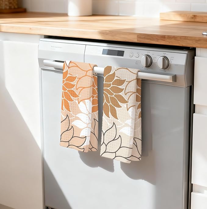 2-Pack Boho Floral Abstract Waffle Towels, Flower Hand Towel for Bathroom Decor, 16x24 Inch Neutral Brown & Orange Color Flower Dish Tea Towel Decor for Kitchen/Bath/SPA,Gift for Friends.