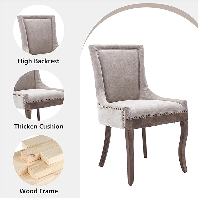 Farmhouse Dining Chairs Set of 2, Upholstered Fabric Dining Room Accent Chairs with Wood Legs & Bronze Nailhead, High Wingback Kitchen Chairs for Living Room Hotel Apartment, Beige