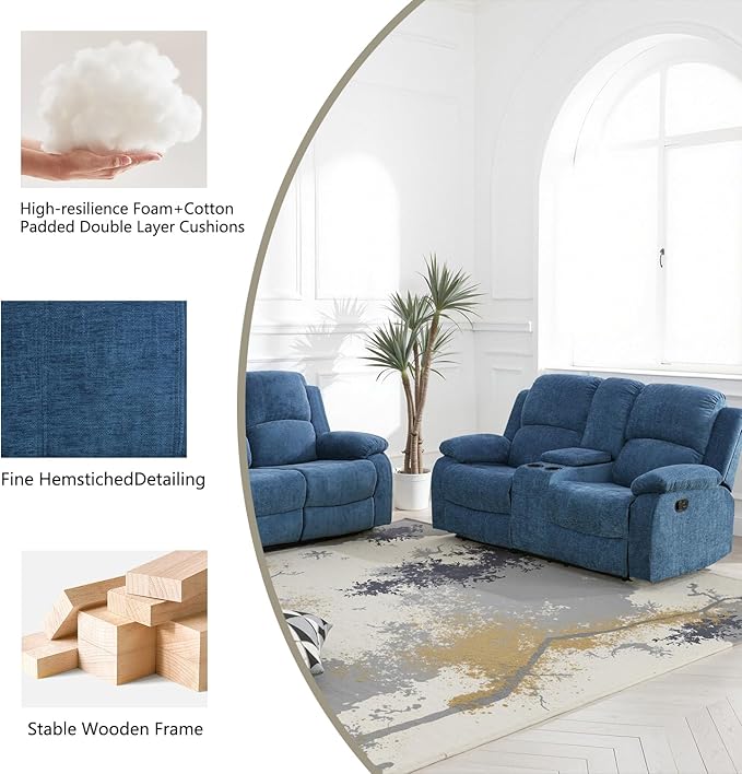 Manual Recliner Sofa Set,Microfiber Reclining Couch Set,Modern Living Room Furniture Set,Reclining Sofa Couch Chair for Living Room Home Office(Light Blue,Sofa+Loveseat)
