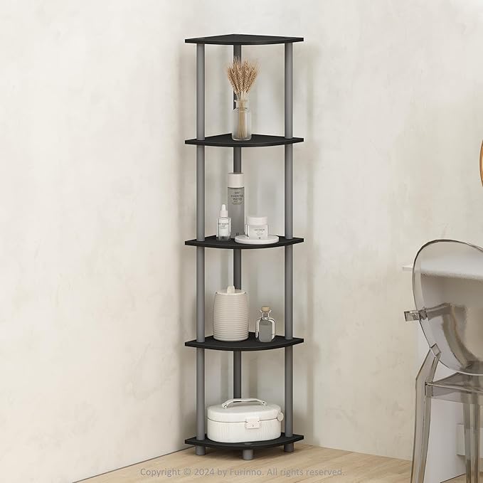 Furinno Turn-N-Tube Storage Shelves, 5-Tier Book Shelf, Corner Shelf, Toolless Open Shelves, for Organization and Storage, Living Room, Home Office, Hallway, Bedroom, Black