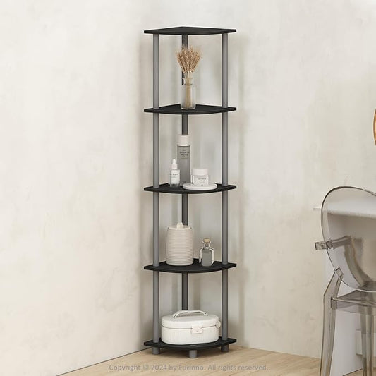 Furinno Turn-N-Tube Storage Shelves, 5-Tier Book Shelf, Corner Shelf, Toolless Open Shelves, for Organization and Storage, Living Room, Home Office, Hallway, Bedroom, Black