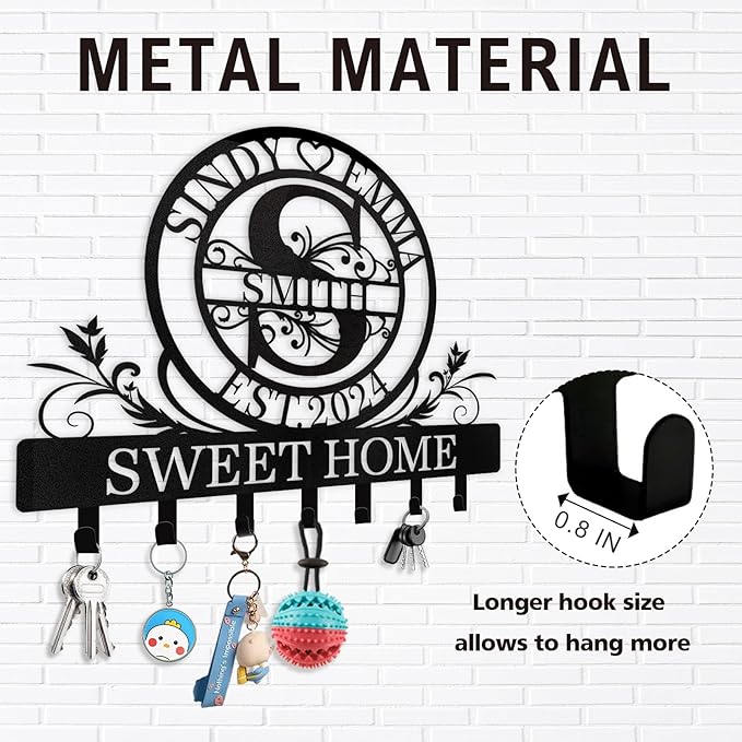 Personalized Key Holder for Wall - Custom Family Name Metal Wall Key Hanger, Key Hooks with Monogram Design, Anniversary Couple Gifts, Key Rack Holder Wall Mount for Living Room, Bedroom