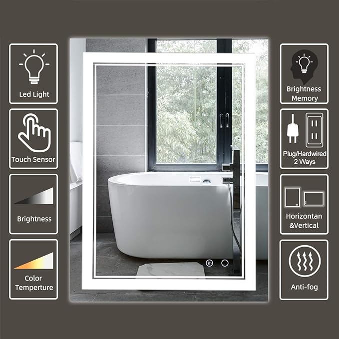 LED Bathroom Mirror Wall-Mounted Vanity Mirror with Anti Fog,Dimmable Waterproof Smart Touch Button Makeup Mirror with Lights Vertical & Horizontal (36x24 Inch)