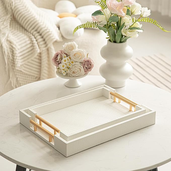 2 Piece Woven Leather Ottoman Tray with Gold Handles, Perfect Rectangular Serving Tray for Living Room, Coffee Table Tray as Thoughtful Gift for Home Decor Enthusiasts (White)