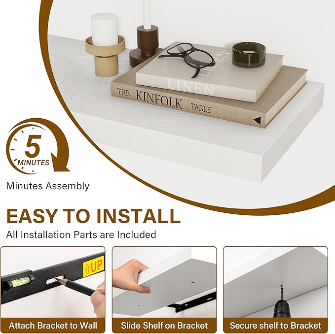 Fun Memories 55 Inch Floating Shelves for Wall 2 Pack Shelves for Bedroom|Kitchen|Bathroom Wall Mounted Rustic Wood Floating Shelf with Invisible Brackets for Books|Storage|Decor, White